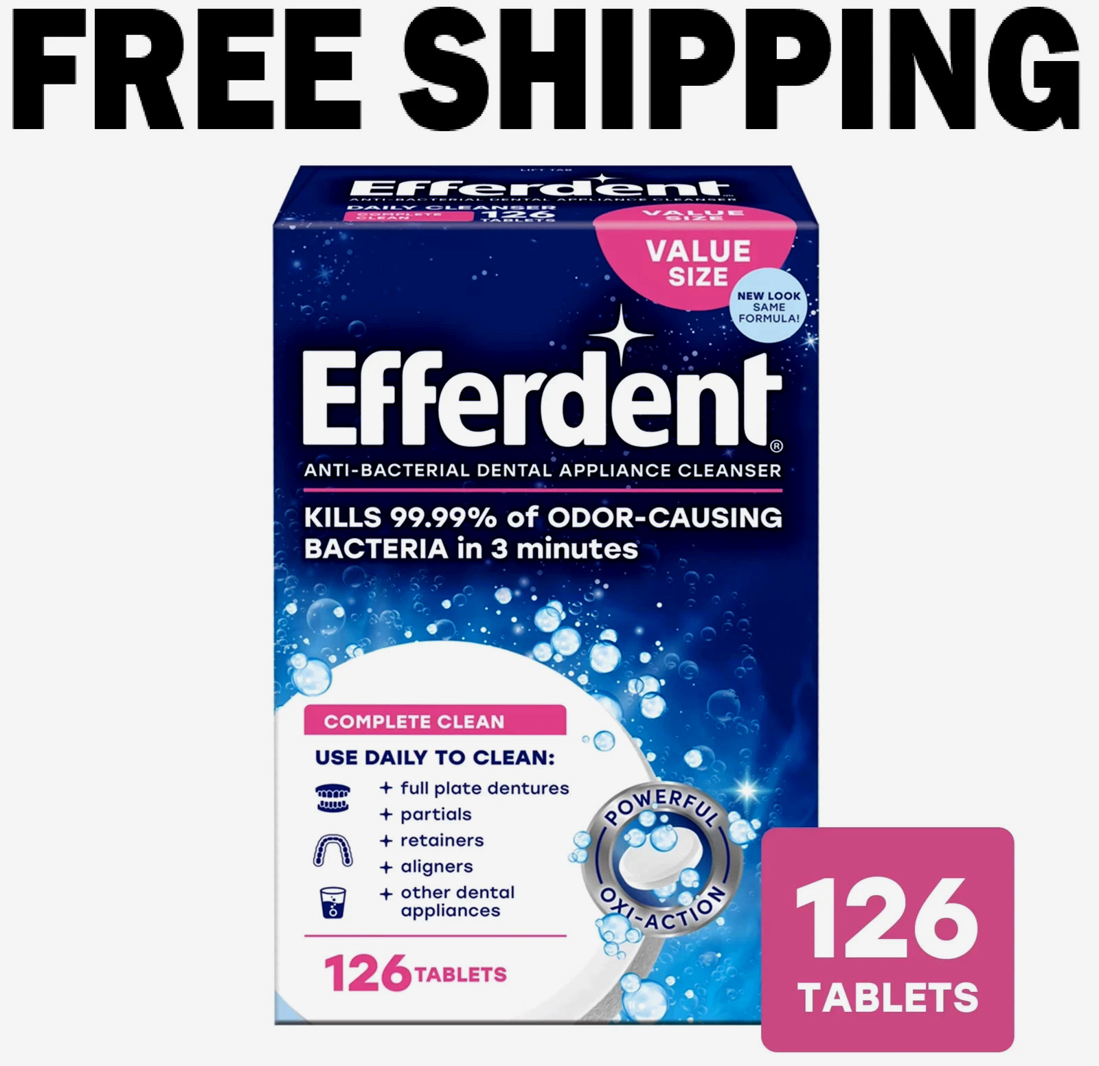 Efferdent Retainer & Denture Cleaner Tablets, Complete Clean, 126 Count