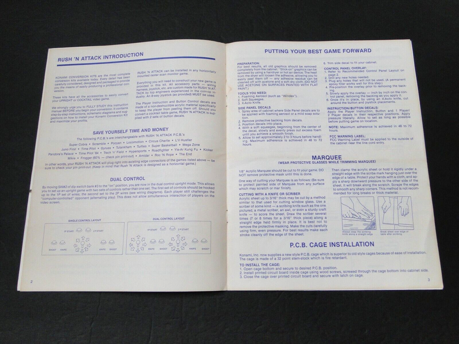 Vintage 1985 Konami: Rush'n Attack Arcade Conversion Kit Instruction Manual