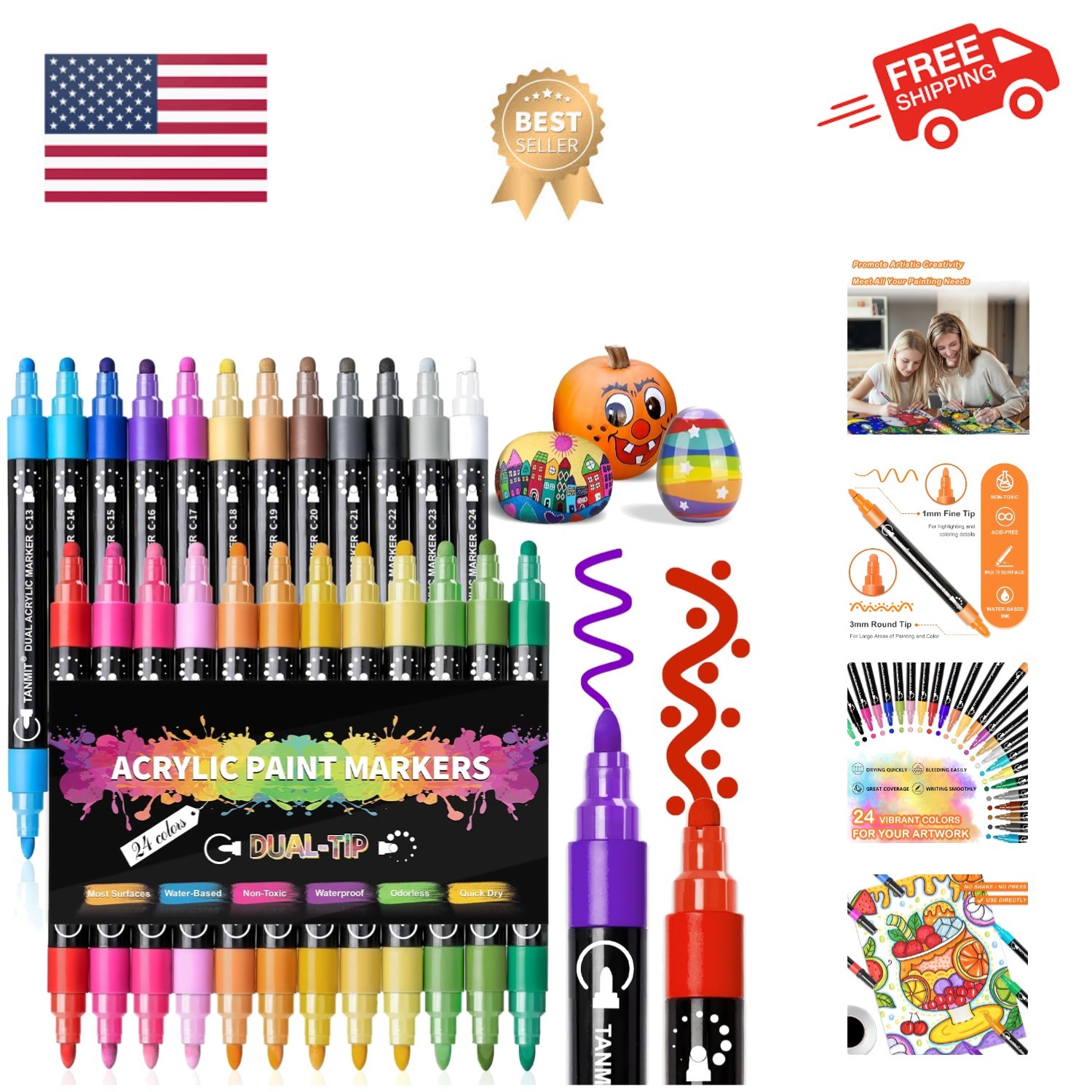 Acrylic Paint Pens Markers, 24 Colors Dual Tip Acrylic Paint Pens for Rock Pa...