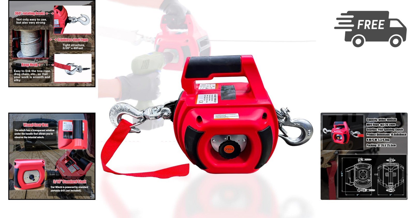 Portable Drill Winch 1000LB Pulling Capacity with 40 Feet Steel Wire Rope