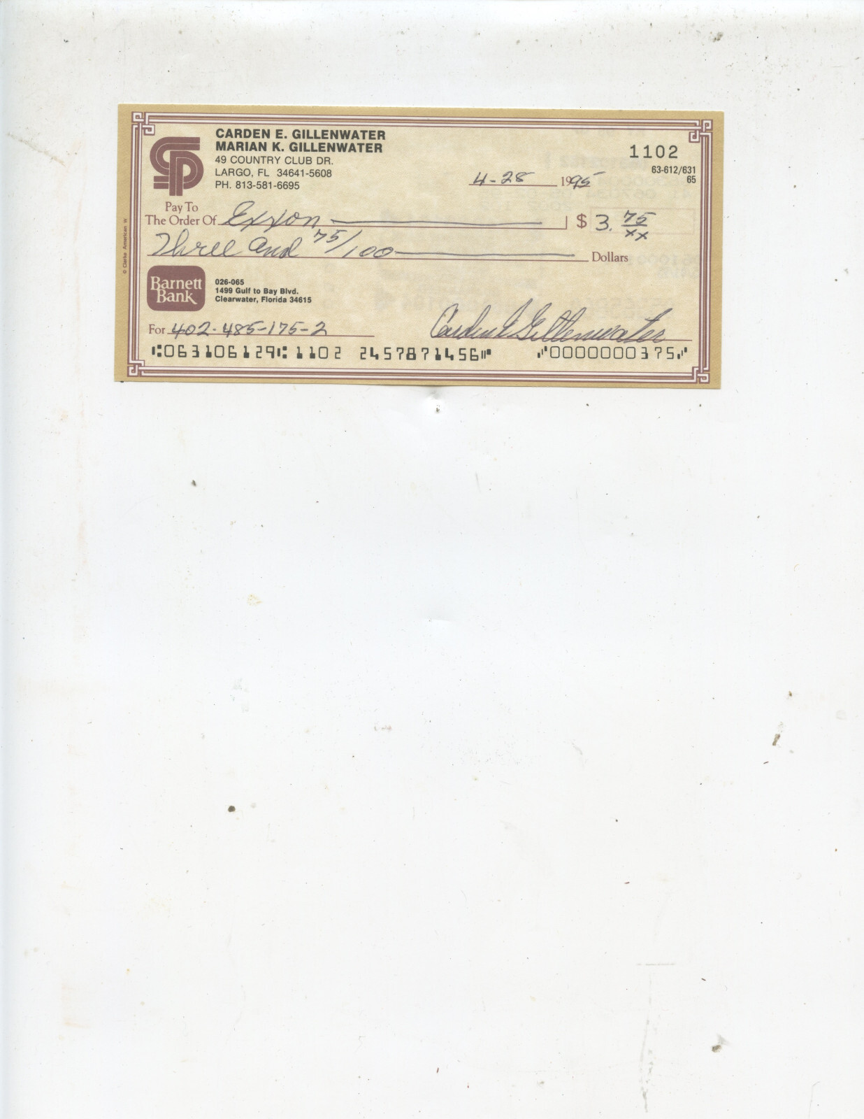 DECEASED MAJOR LEAGUE PLAYER "CARDEN GILLENWATER" SIGNED CHECK (DODGERS, BRAVES)
