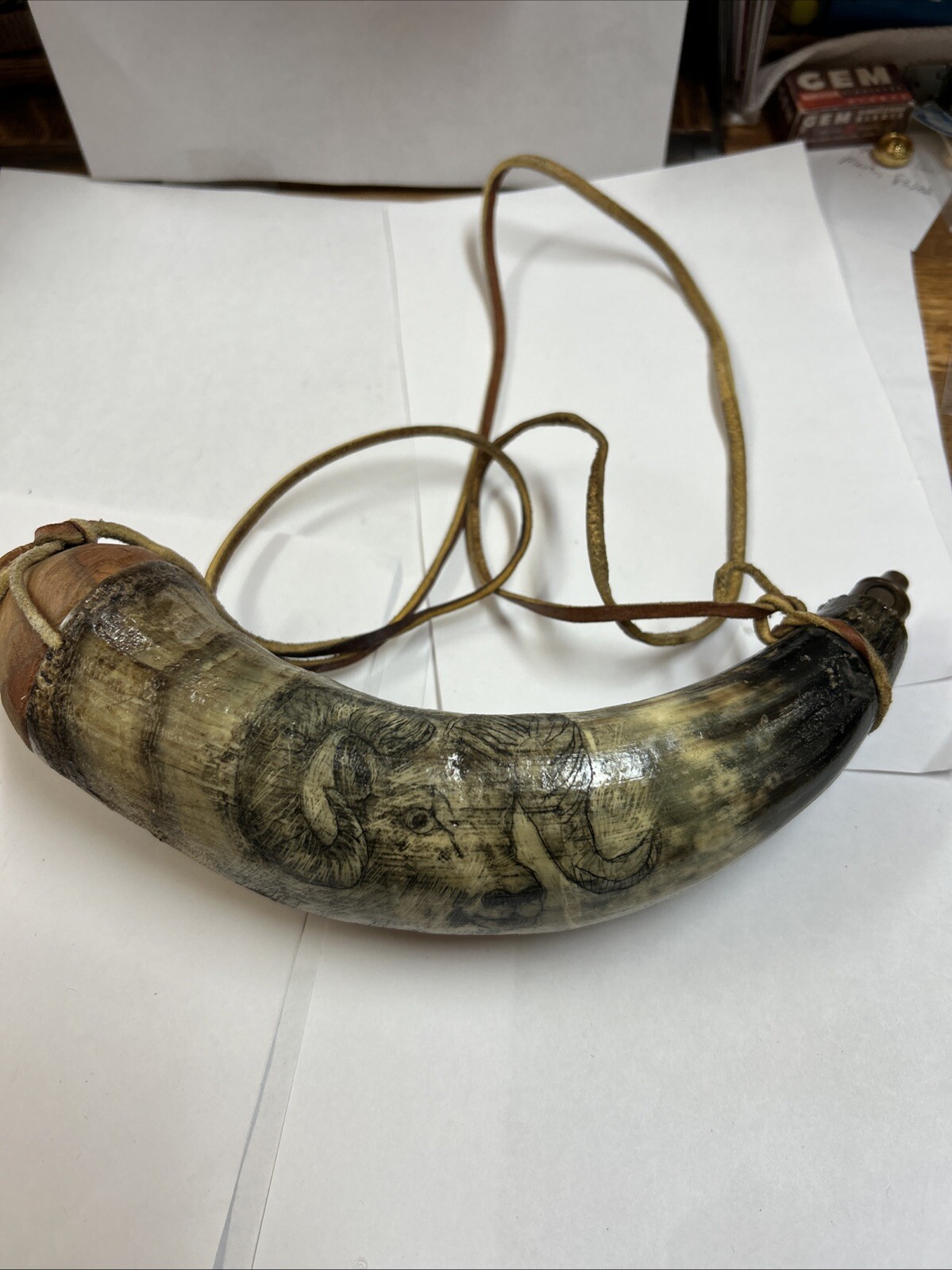 Vintage 1800’s Scrimshaw Like Inscribing Ram Powderhorn Stunning