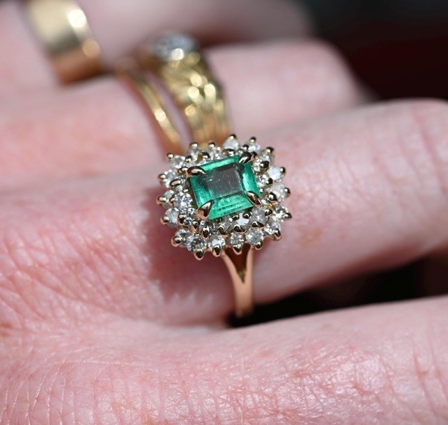 14K Solid Gold Emerald Diamond Halo Cluster Engagement Ring