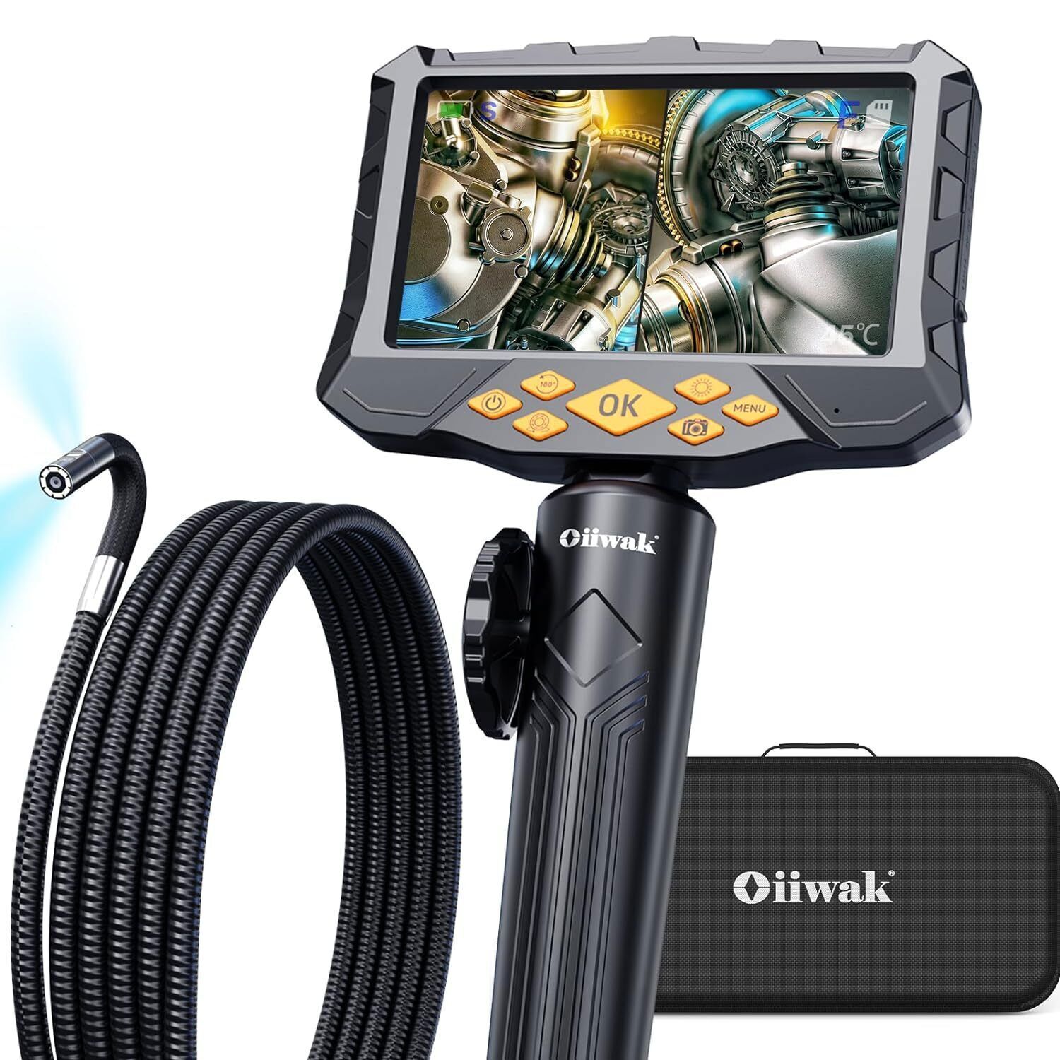 Oiiwak 5" Articulating Borescope Dual Len 8.0mm 1080P IP67 Industrial Endoscope