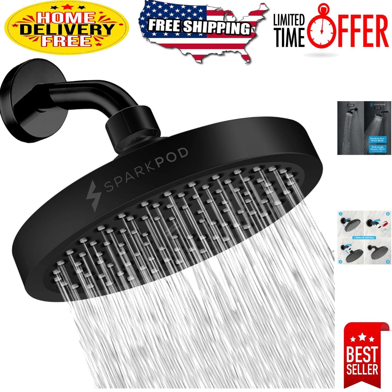 6 Inch Matte Black Shower Head - High Pressure, Effortless Installation