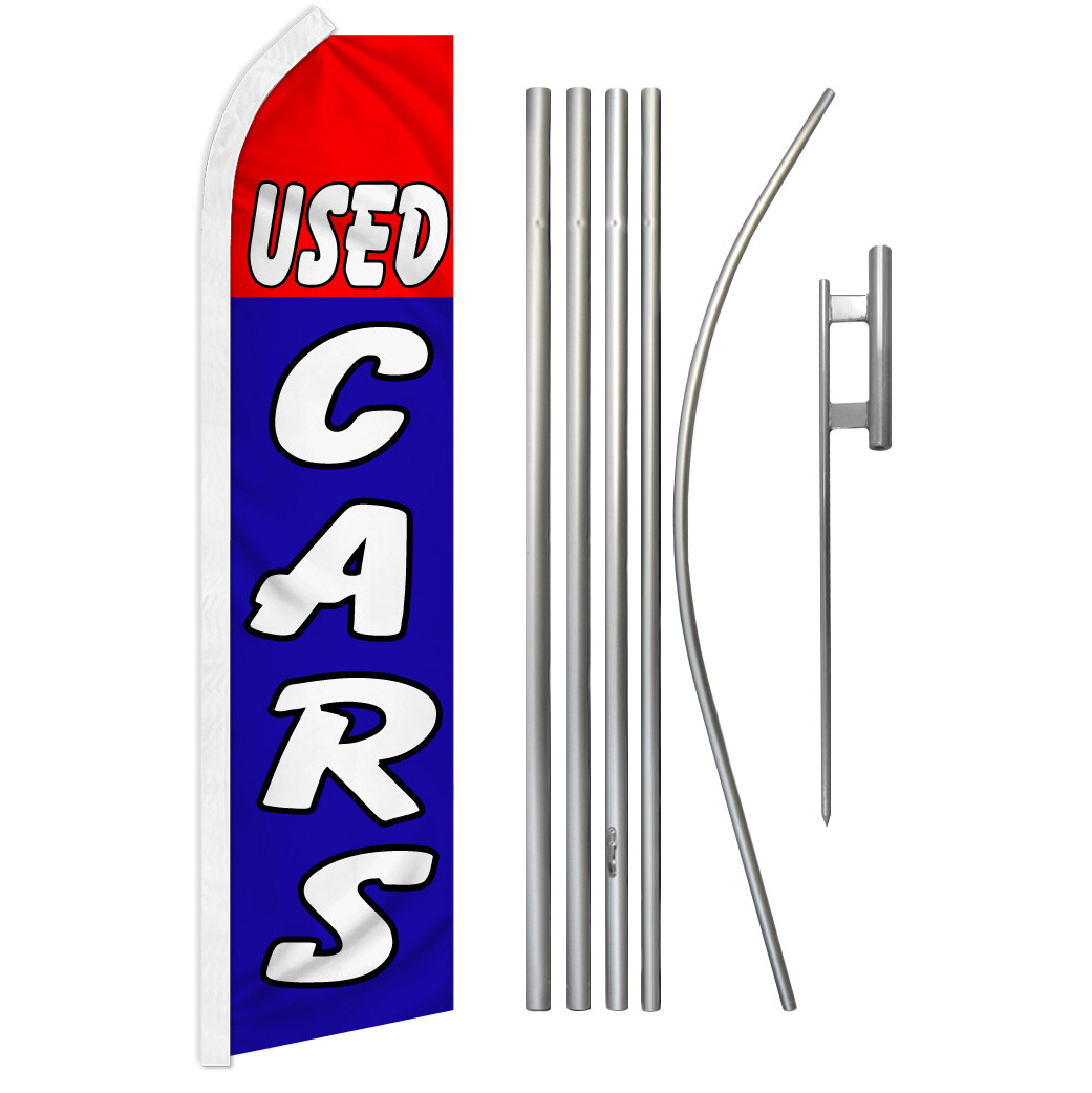Used Cars Swooper Feather Advertising Flag Pole Kit Car Dealership Blue/Red