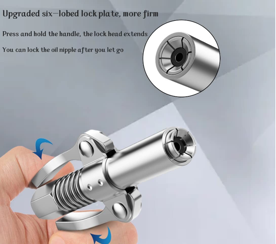 Locking grease gun coupler allows for easy release of from grease...