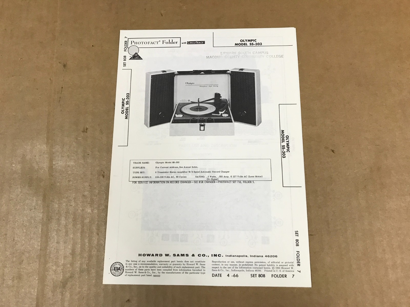 Vintage Photofact Folder- 808-7- Olympic 8-Transistor Amplifier - Model SS-303