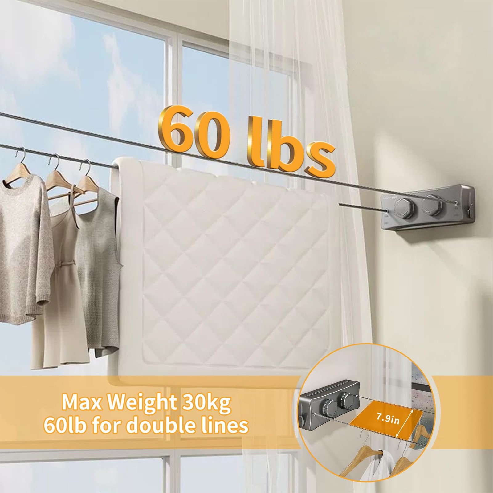 Retractable Clothesline, 16.7 Ft Stainless Wire Double Clothes Line, Grey