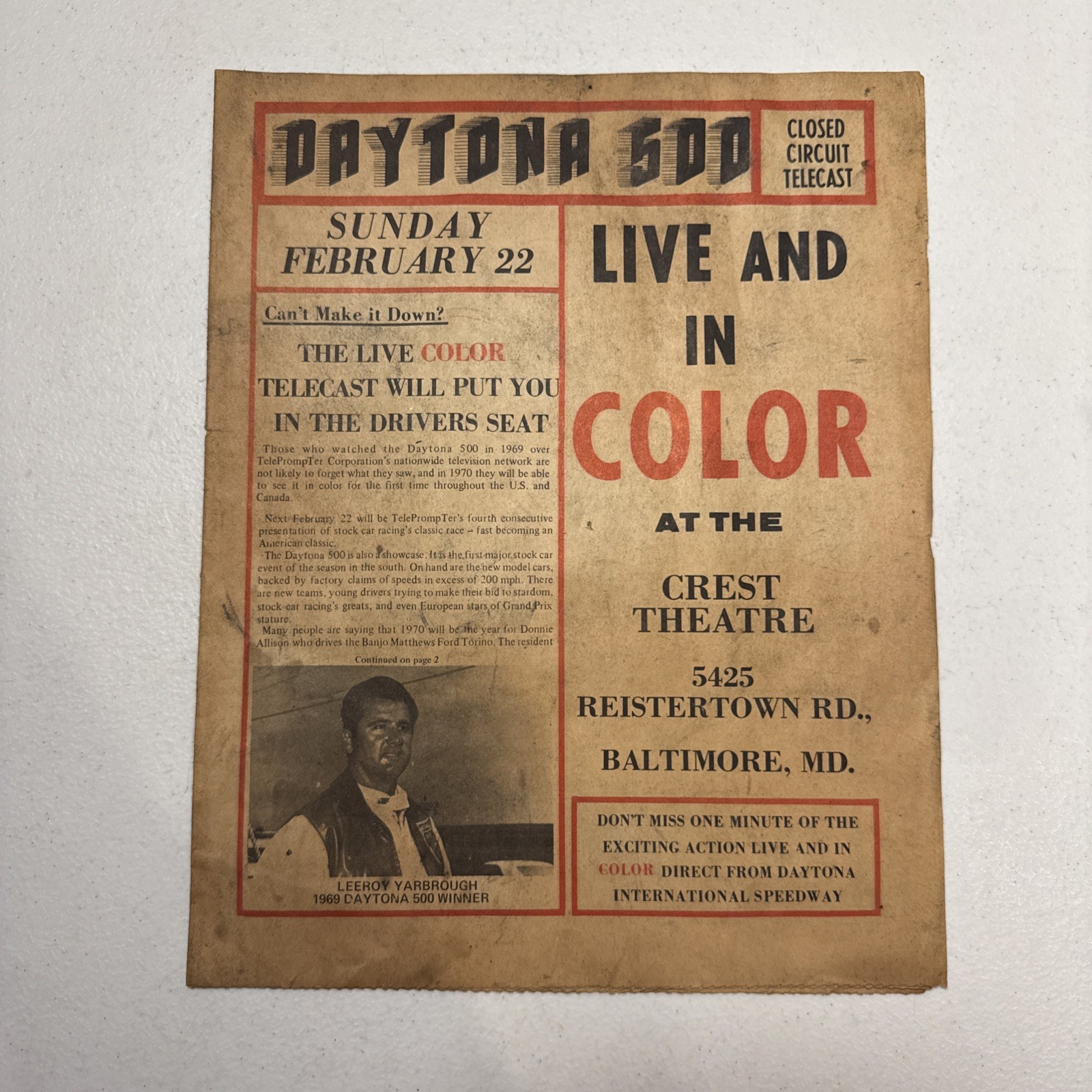 Daytona 500 Live And In Color At The Crest Theatre Baltimore, Maryland 1969