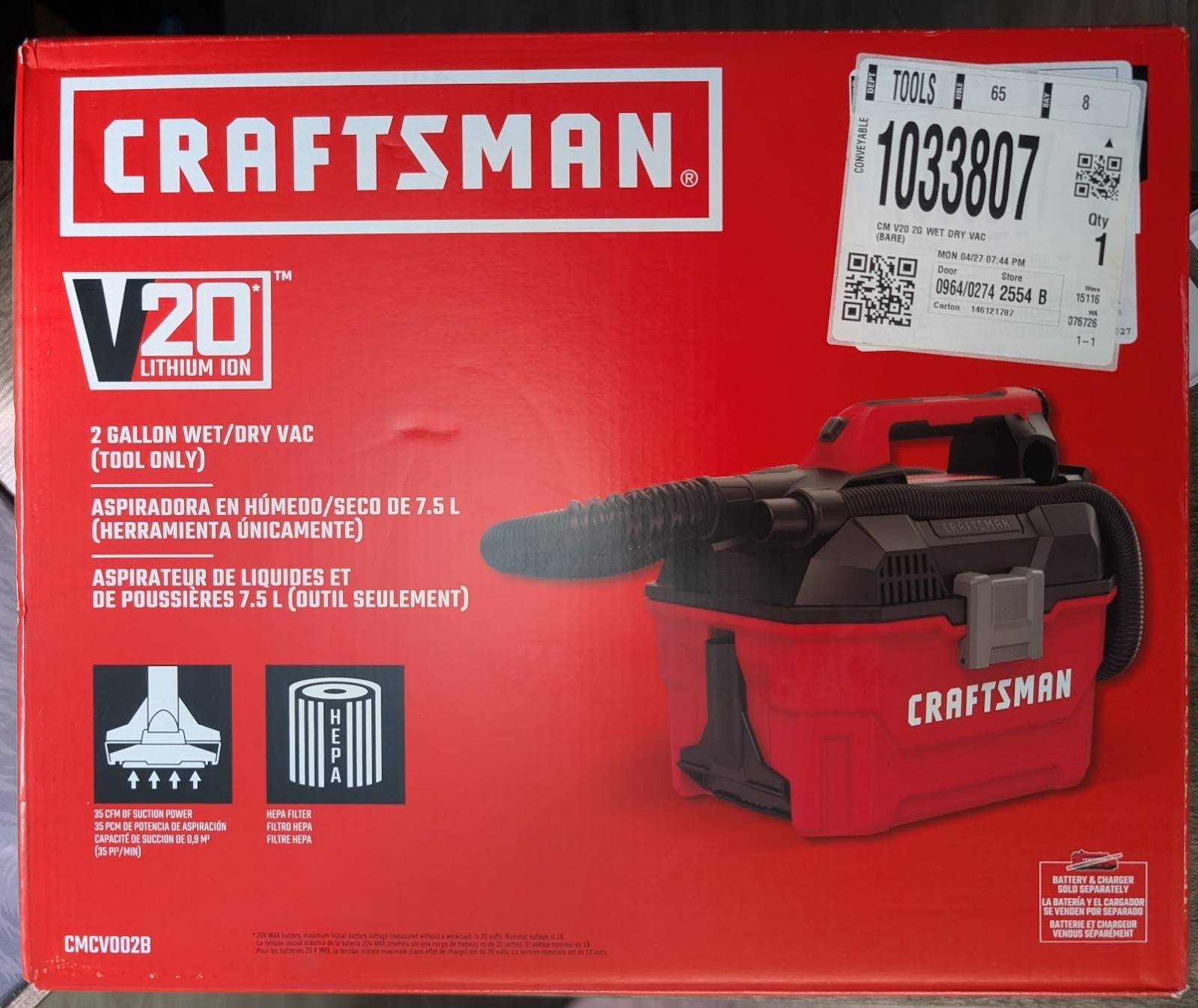 CRAFTSMAN V20 2 Gallon Cordless Wet Dry Vac, Bare Tool (CMCV002B)