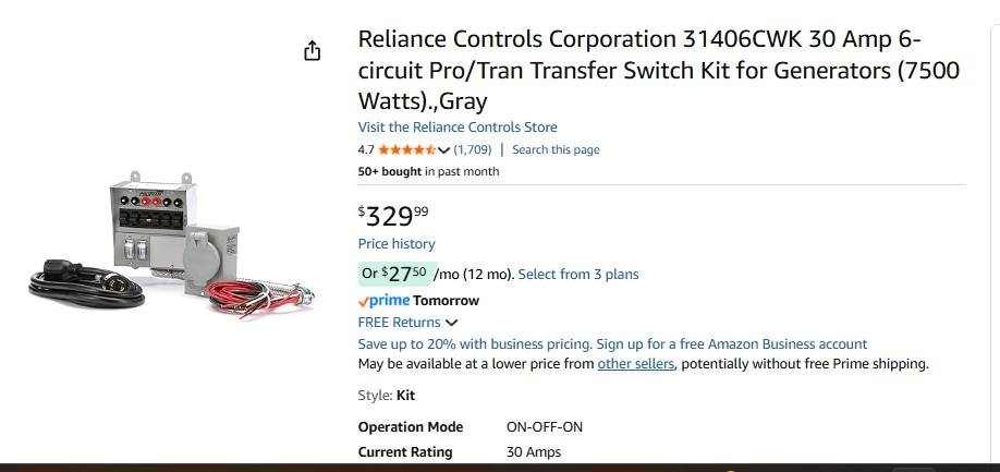 Reliance Controls 3006HDK 6-circuit Generator Power Transfer Switch Kit