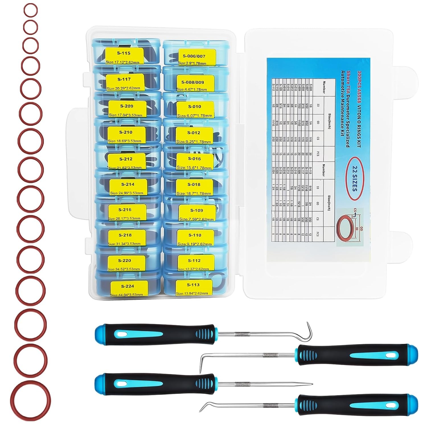 300PCS FKM O-Ring Set, 22 Sizes SAE AS568 for Auto Fluid Sealing