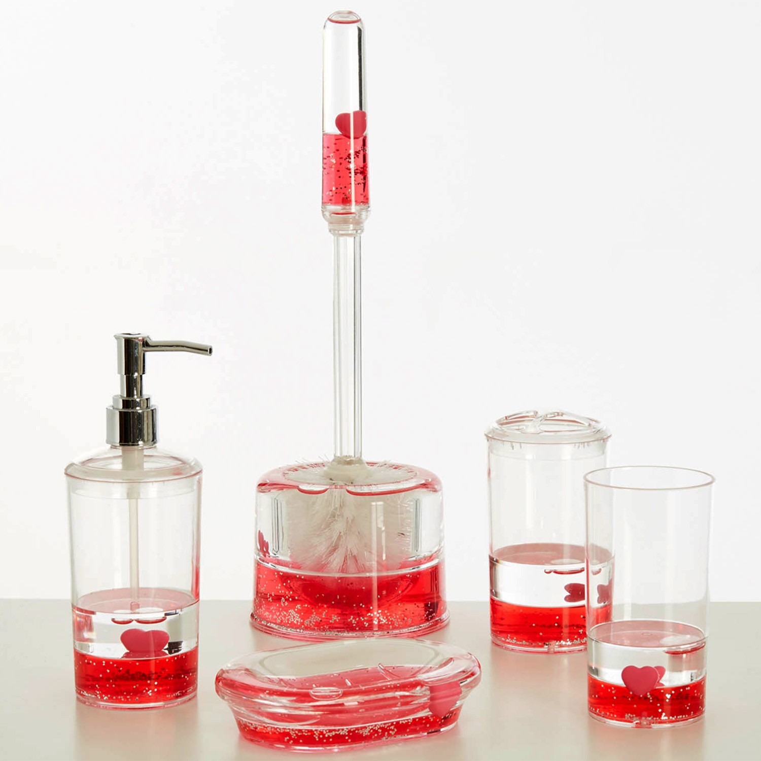Floating Red Hearts Acrylic Bathroom Accessories Set Soap Dish Dispenser Tumbler