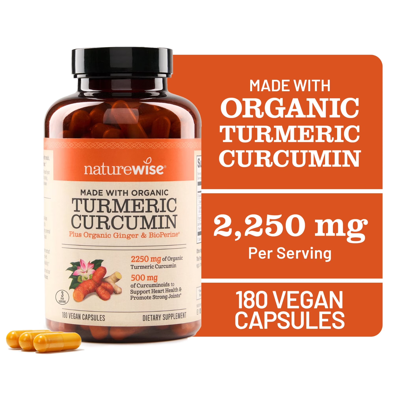 Naturewise Organic Turmeric Curcumin 180 Capsules 2250 Mg Exp 2/2028