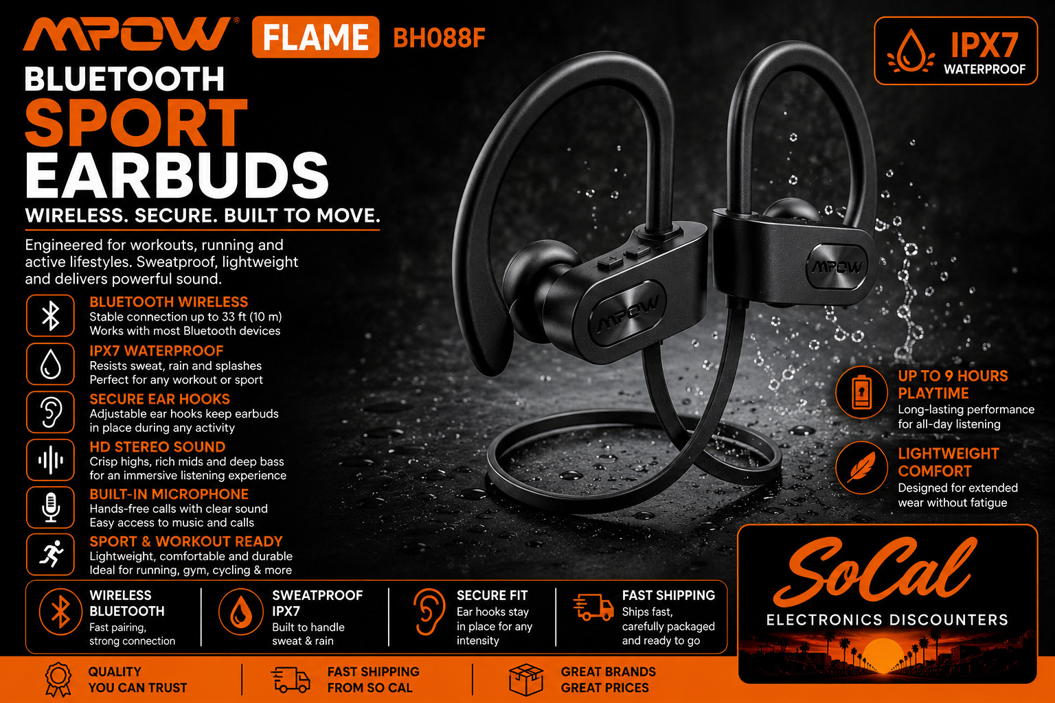 Mpow Flame Bluetooth Headset Wireless Earphones Stereo Ear Hook - BH088F Black