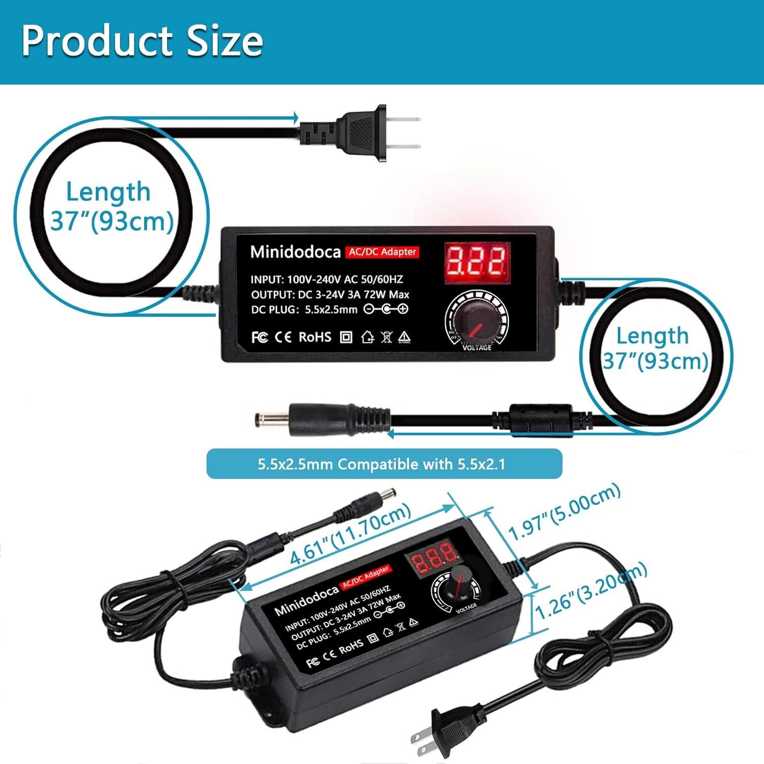 72W Power Supply Adjustable 3V ~ 24V Variable Universal Switching AC/DC Adapter