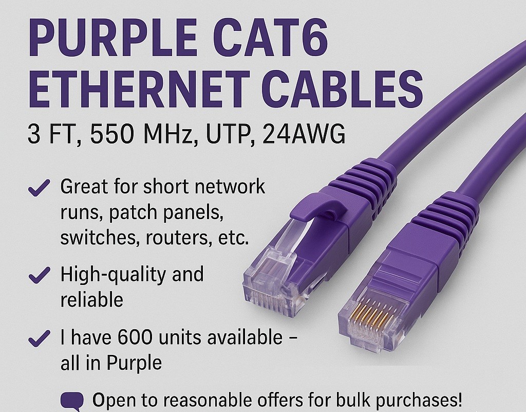 Purple Cat6 Ethernet Cables – 3 FT, 550 MHz, UTP, 24AWG