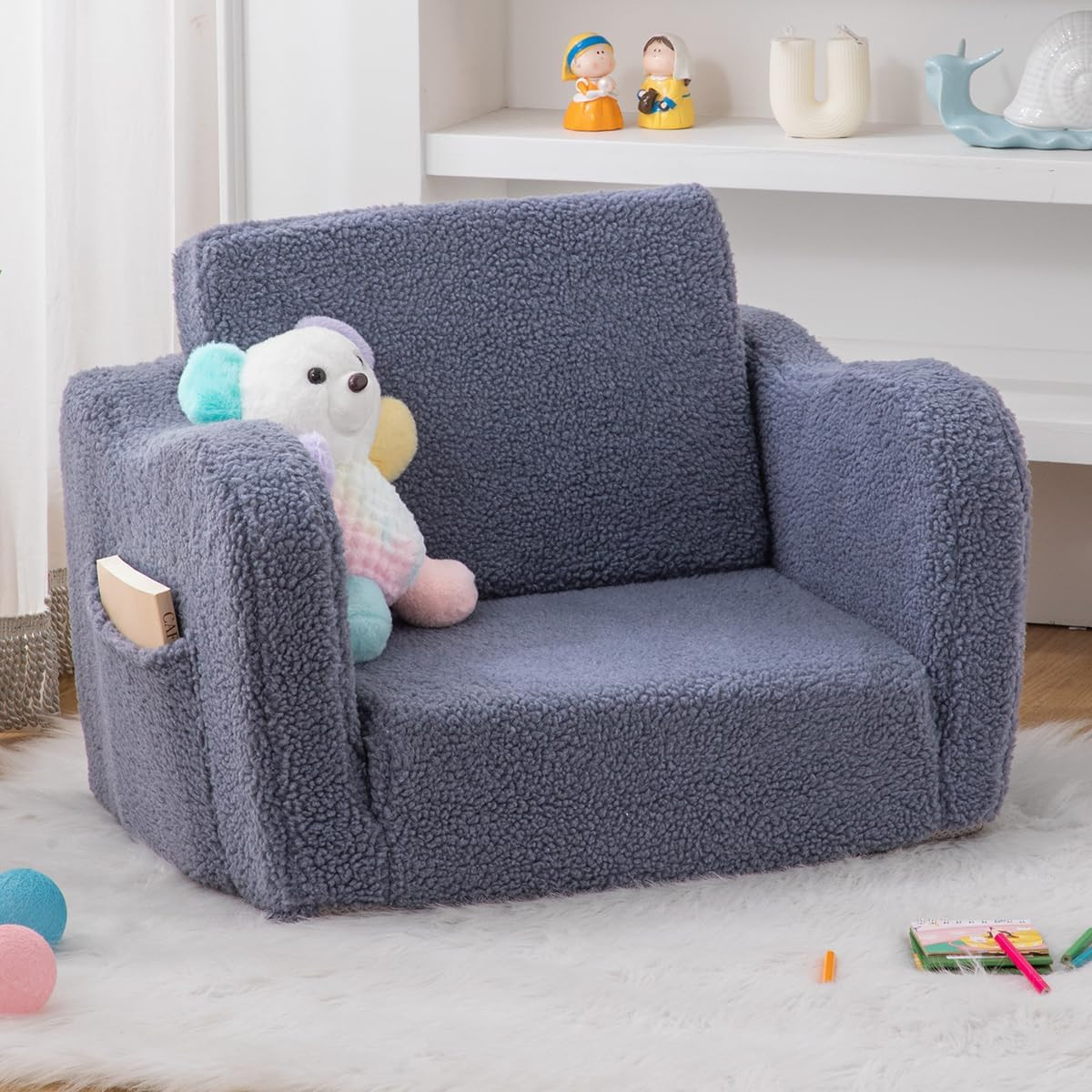 Toddler Baby Chair Couch Sofa Kids Foldable 2-In-1 Sherpa Fold Out Couch Bed Tod