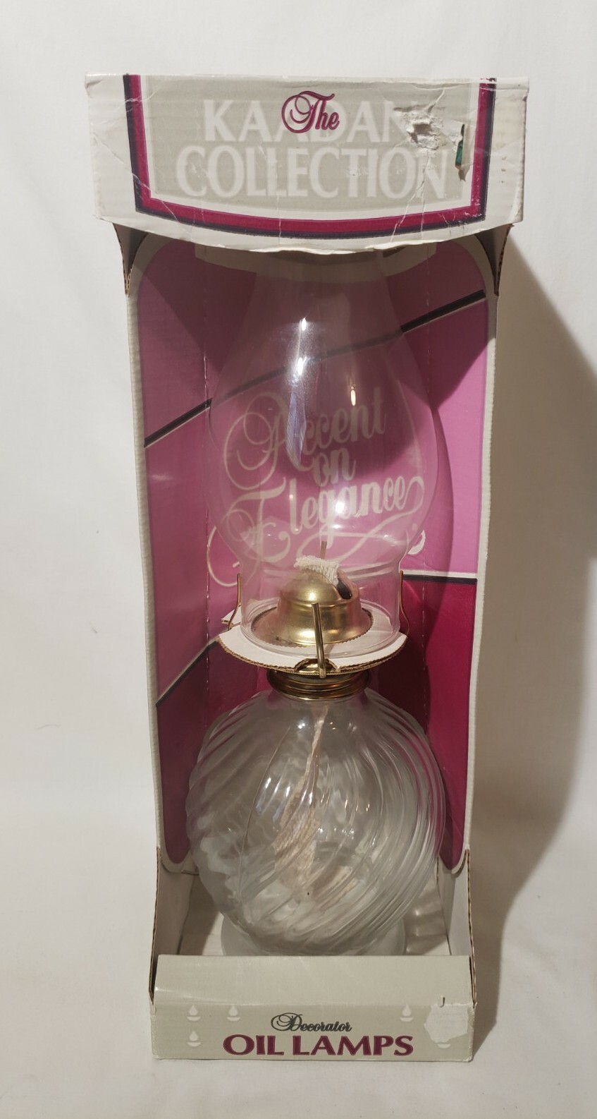 16" Vintage Kaadan Oil Lamp Clear Glass Round Base Ribbed Swirl Texture Pattern