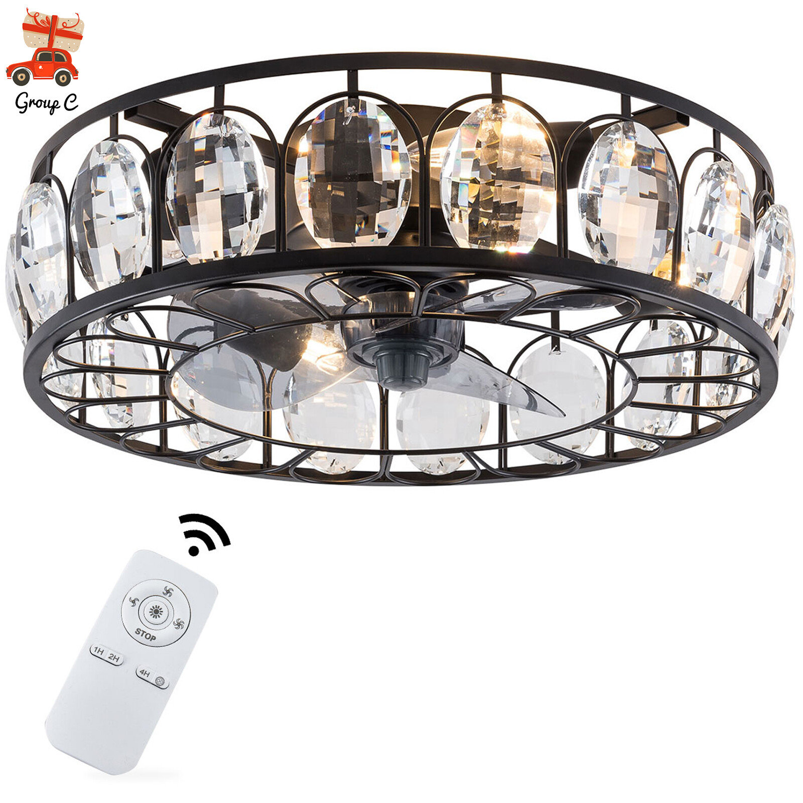 18" Enclosed Ceiling Fan Light Crystal 3 Speeds Fandelier Caged Lamp w/ Remote
