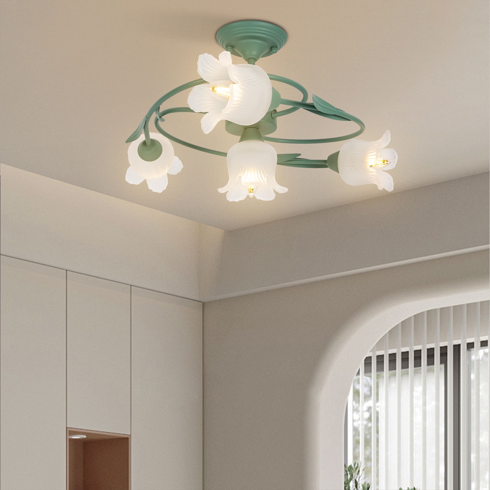 Mid Century Ceiling Light 4-Light Rounded Floral Shade Ceiling Chandelier
