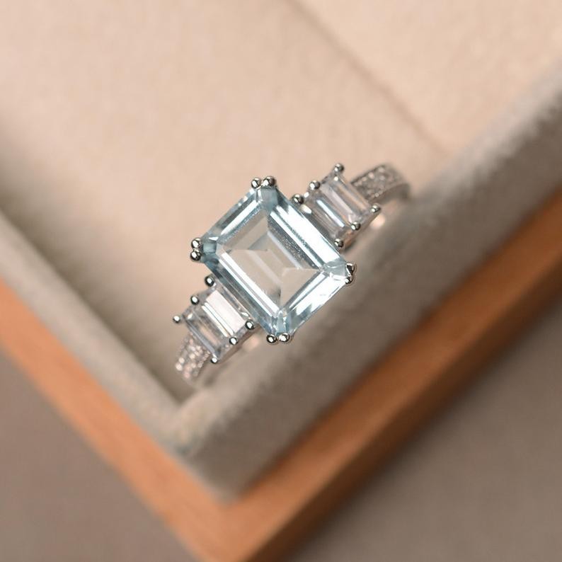 3.50 Ct Emerald Cut Aquamarine Engagement Diamond Ring 14K White Gold Size 8
