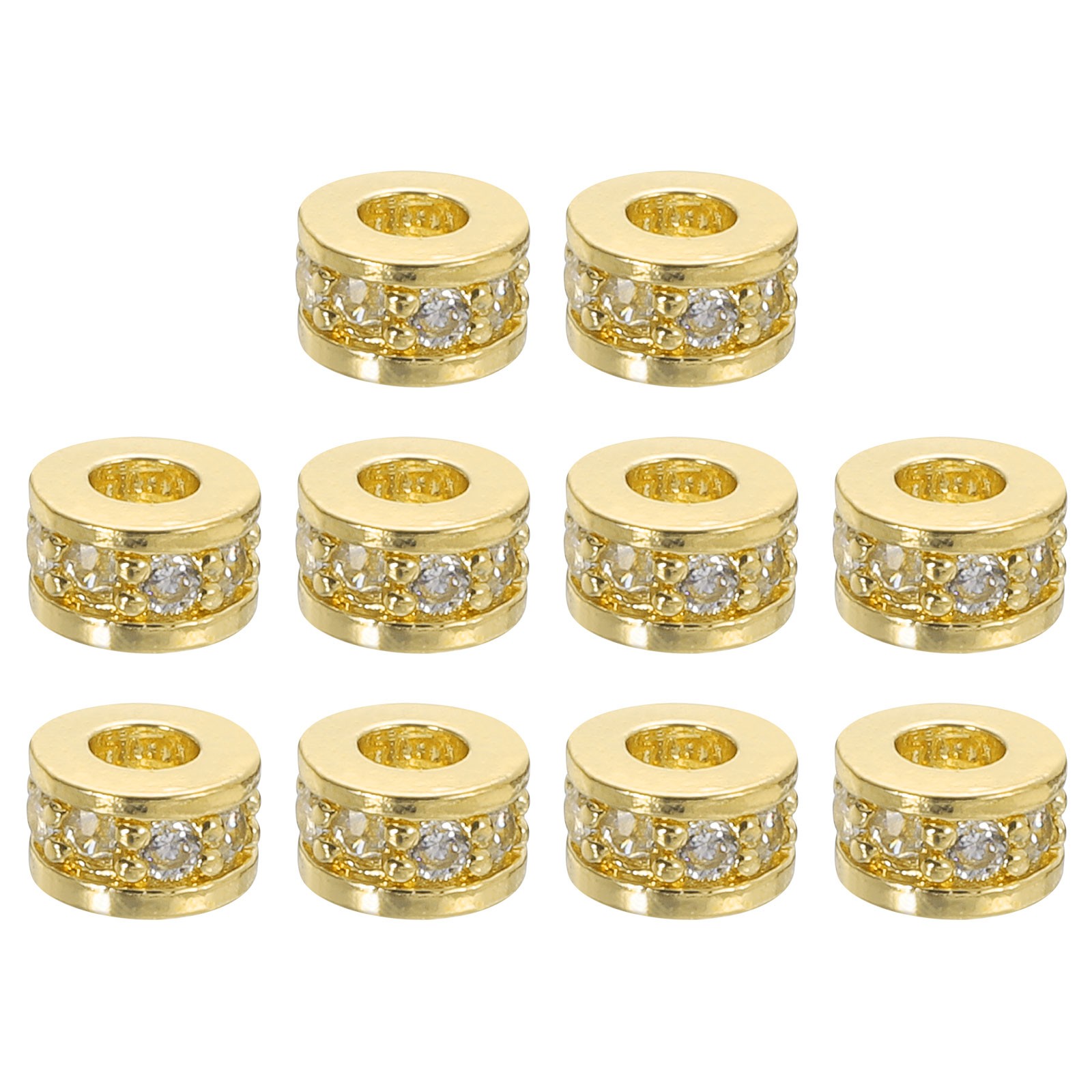 Round Ring Charm Spacer Beads, 10Pcs 6mm - Zircon Pave Bead (White - Gold)