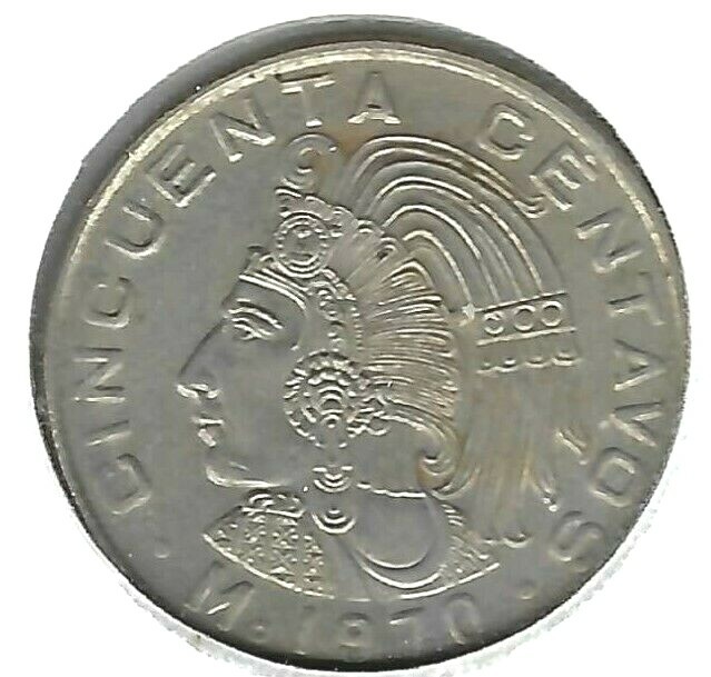 1970 Mexico Circulated Aztec Emperor Cuauhtémoc Fifty Centavos Coin