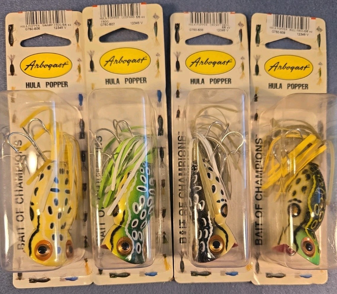 Lot of 4 ~NOS Arbogast HULA POPPER 2 1/4" ~5/8 oz G750 MIX OF FROG COLORS