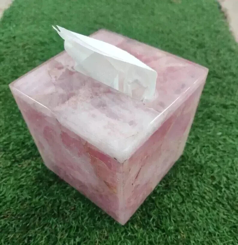 Pink Rose Quartz Tissue Box, Natural Stone Napkin Cover Box For Father day Gifts