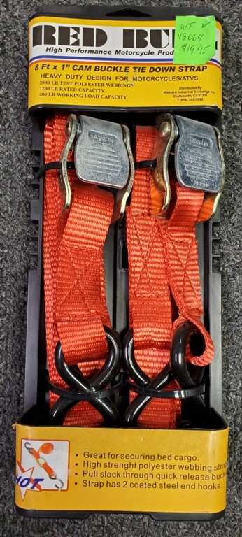 Red Bull 8 ft x 1" Cam Buckle Tie Down Strap w/ Coated Steel End Hooks Pair