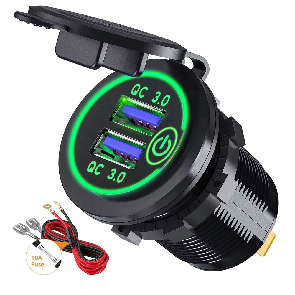 Car Charger Cigarette Lighter Touch Switch QC 3.0 Dual USB Power Socket Green