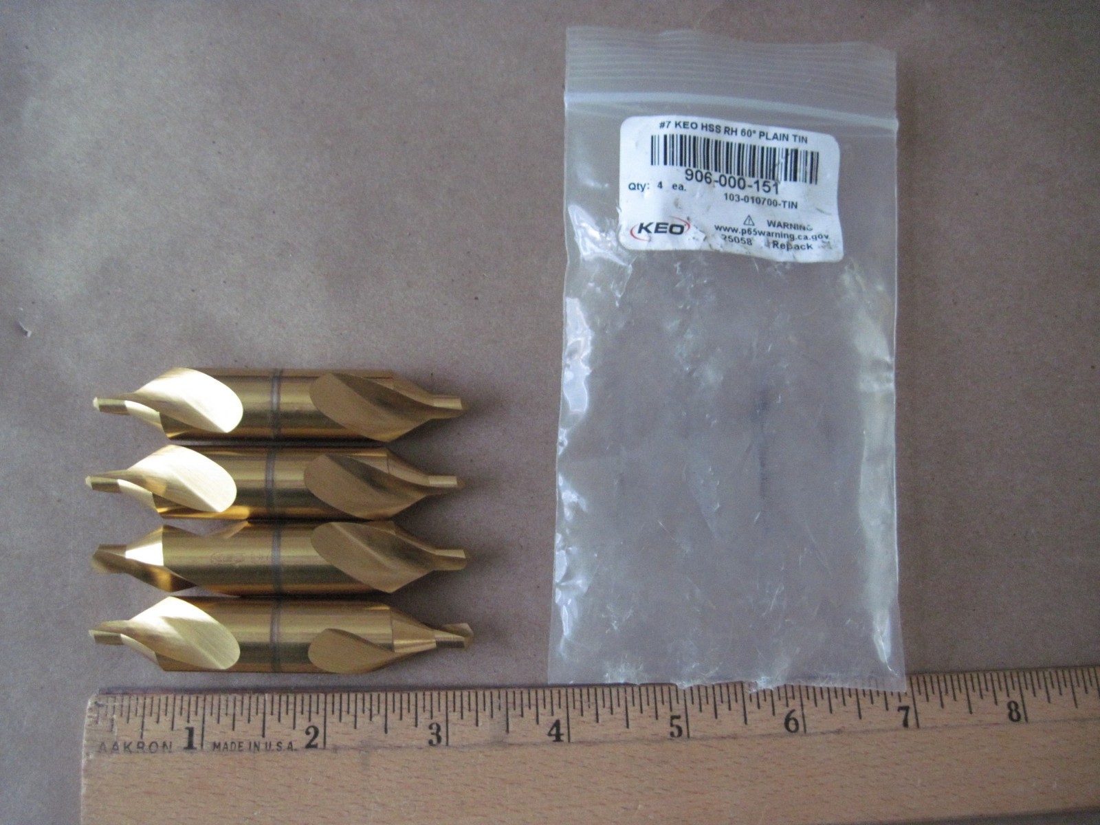 (Qty 4) KEO 906-000-151 Combination Drill / Countersink, #7 60°, No 7, HSS, TiN