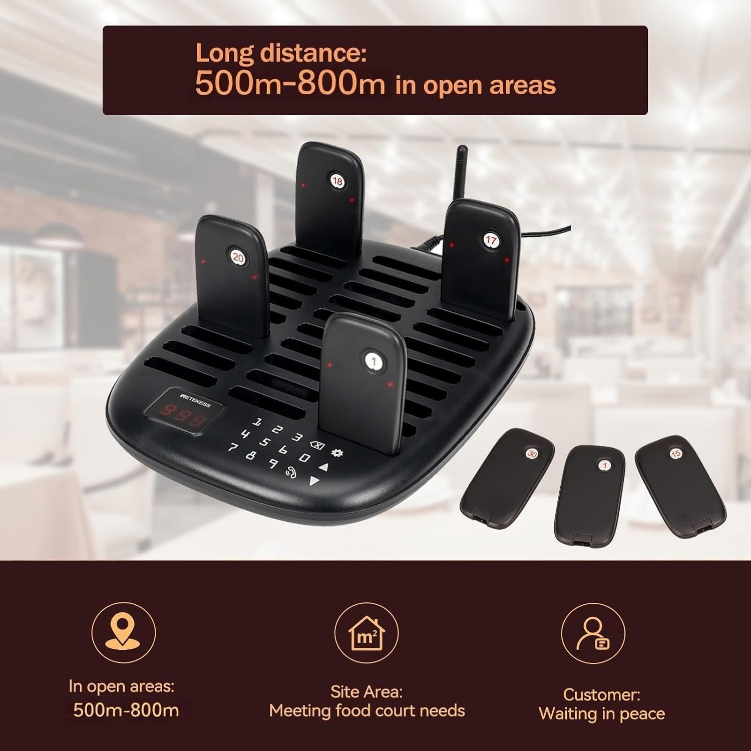Wireless Restaurant Buzzer System with 30 Pagers - Custom Alerts & Long Range
