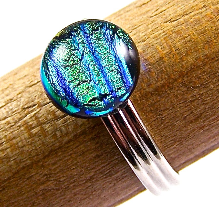 Dichroic Glass Ring Adjustable Yellow Green Stripe Round Dot Tiny 1/4" 8mm Small