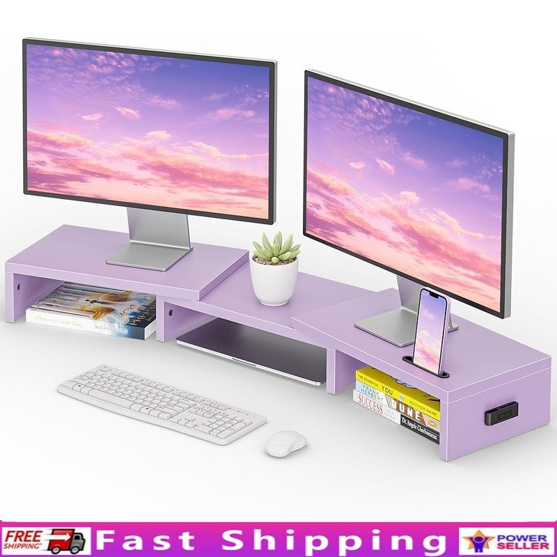 Dual Monitor Stand Adjustable Ergonomic Riser Desk Organizer W/ Storage Slots US