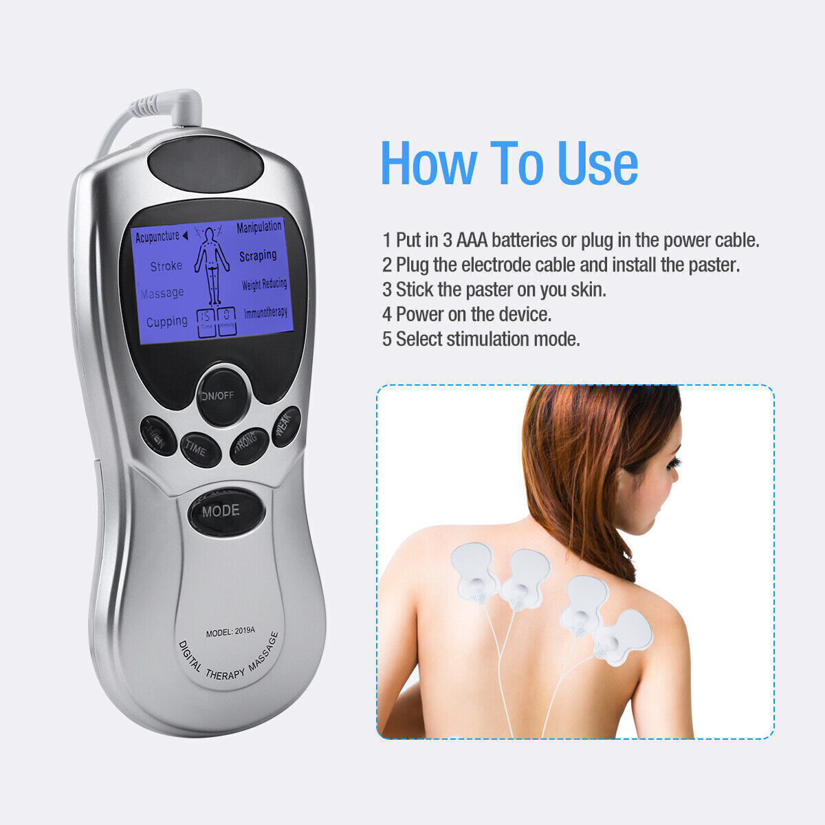 TENS Machine USB Electrical Muscle Stimulator Massager Pulse Channel White