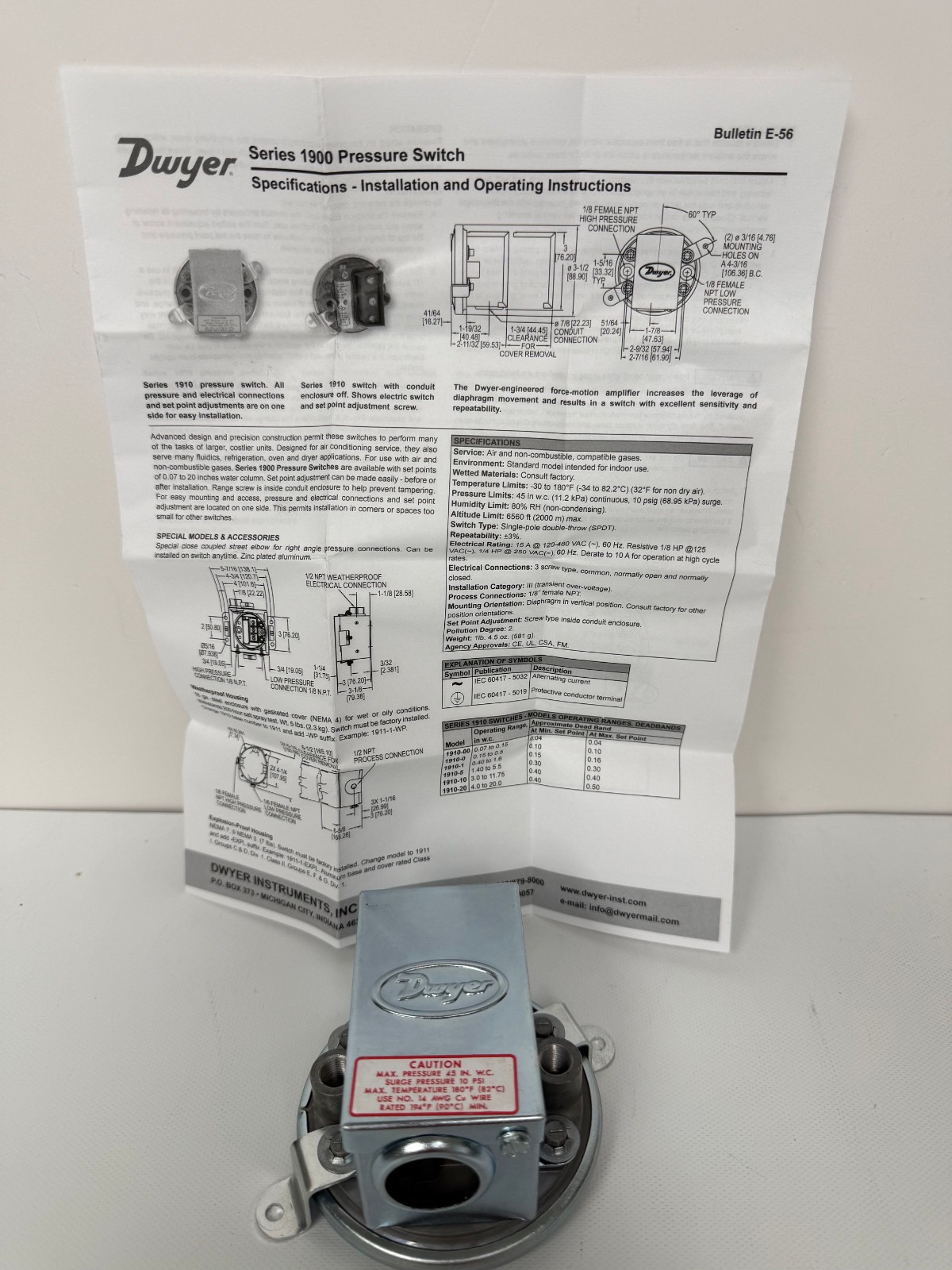 DWYER 114029-10 1910-00 DIFFERENTIAL PRESSURE SWITCH NEW OPEN BOX
