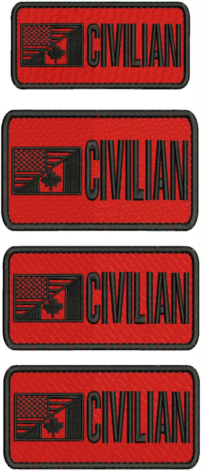 CIVILIAN EMBROIDERY PATCH 2.5x5.5 3.5x6 and 3x6  VELCR@ ON BACK BLK ON RED