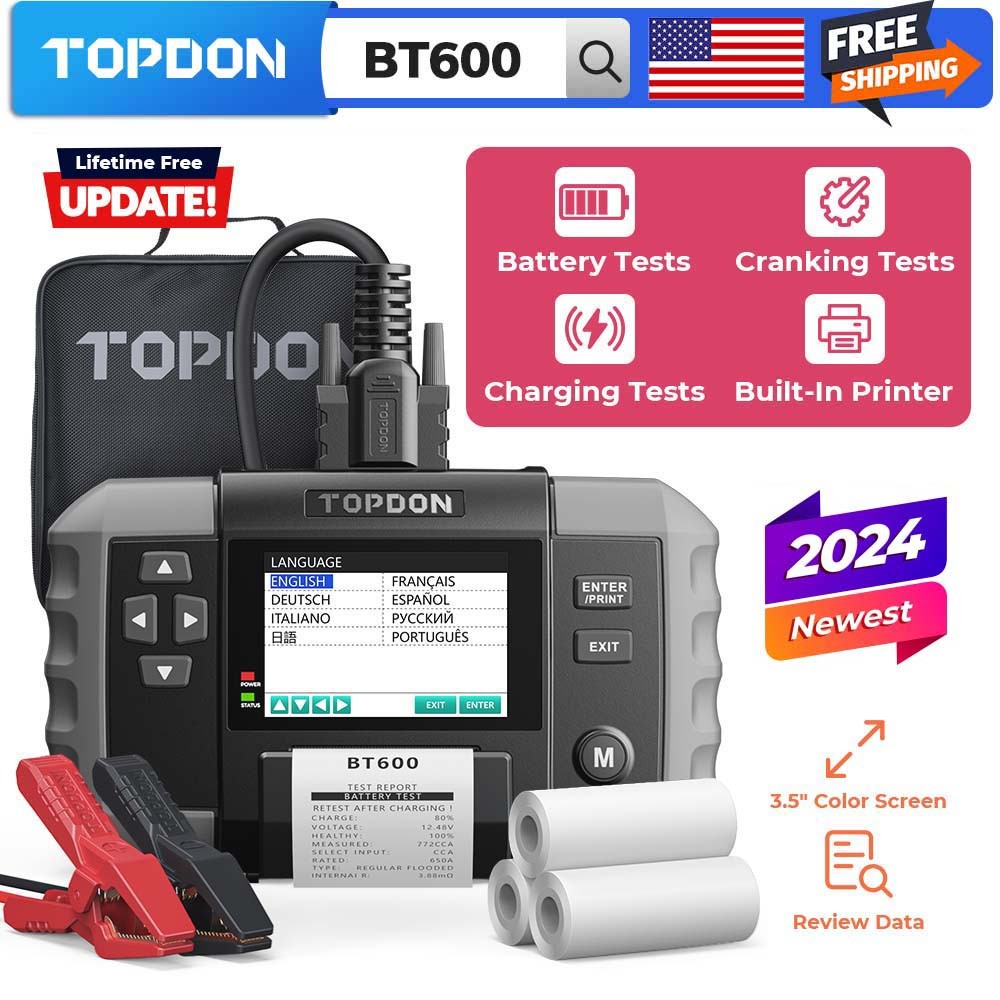 Topdon BT600 Battery Tester 12V 24V Charging Cranking Diagnostic with Printer