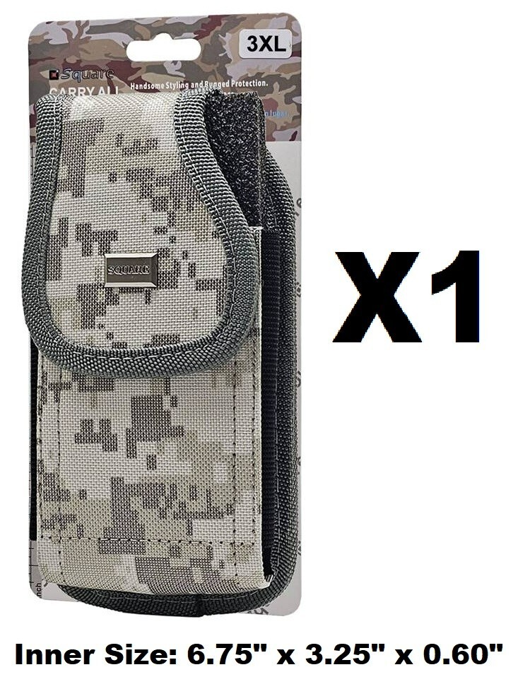 Vertical Grey Camouflage Rugged Nylon Phone Pouch w/Metal Clip & Belt Loop (3XL)