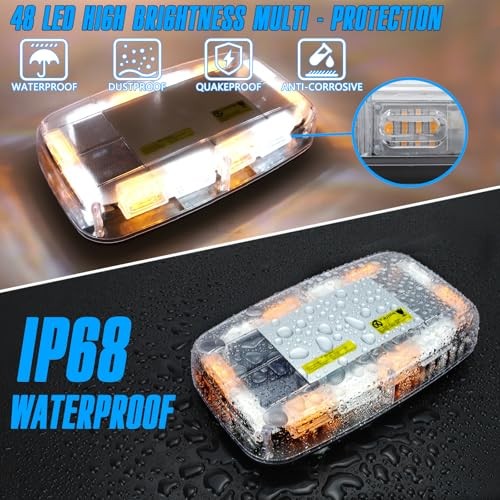 48LED Magnetic Strobe Light, Remote Control Wireless Rechargeable, 17 Amber