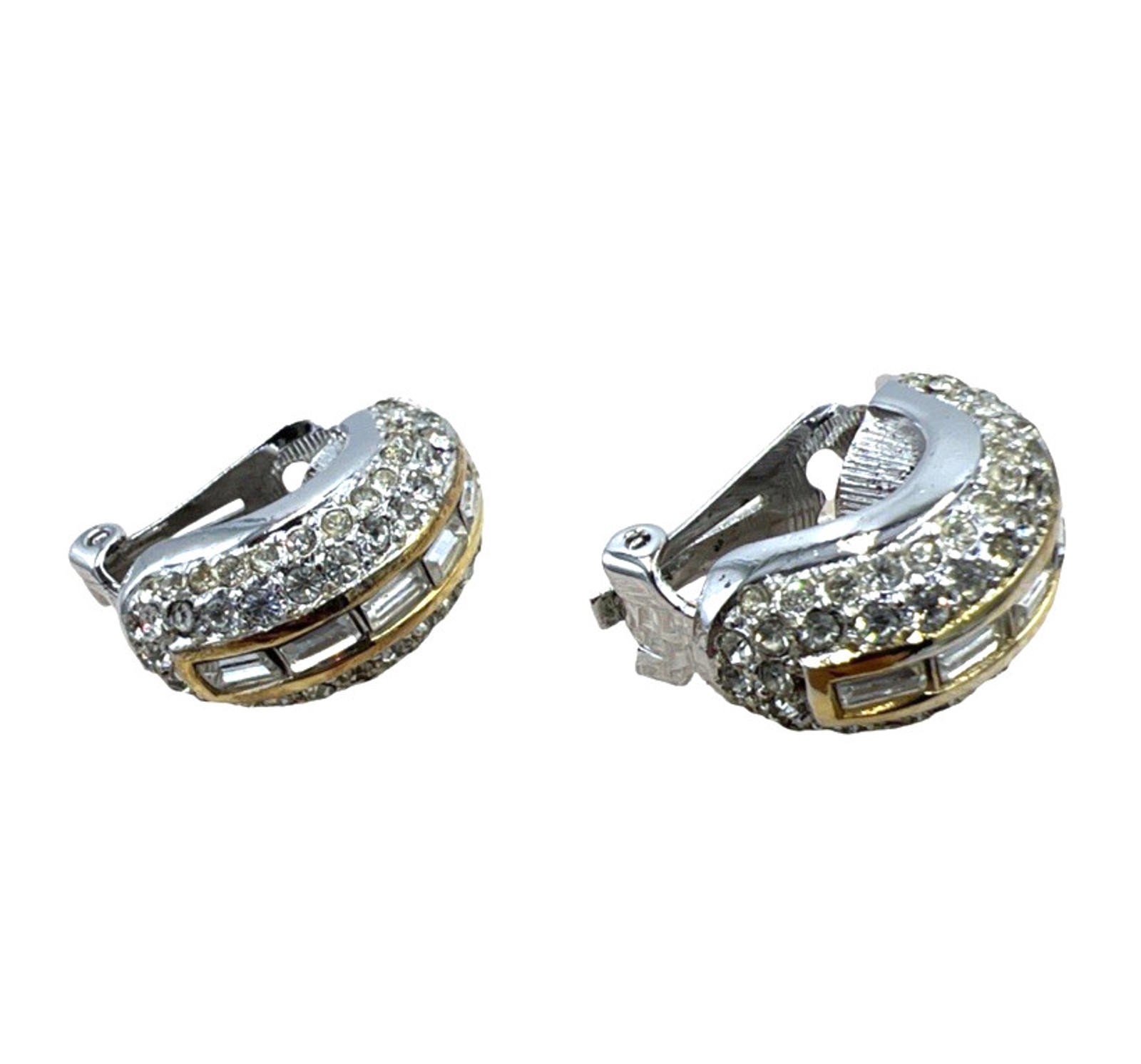 Dior Baguette & Pave Rhinestone Half Hoop Gold Tone Earrings