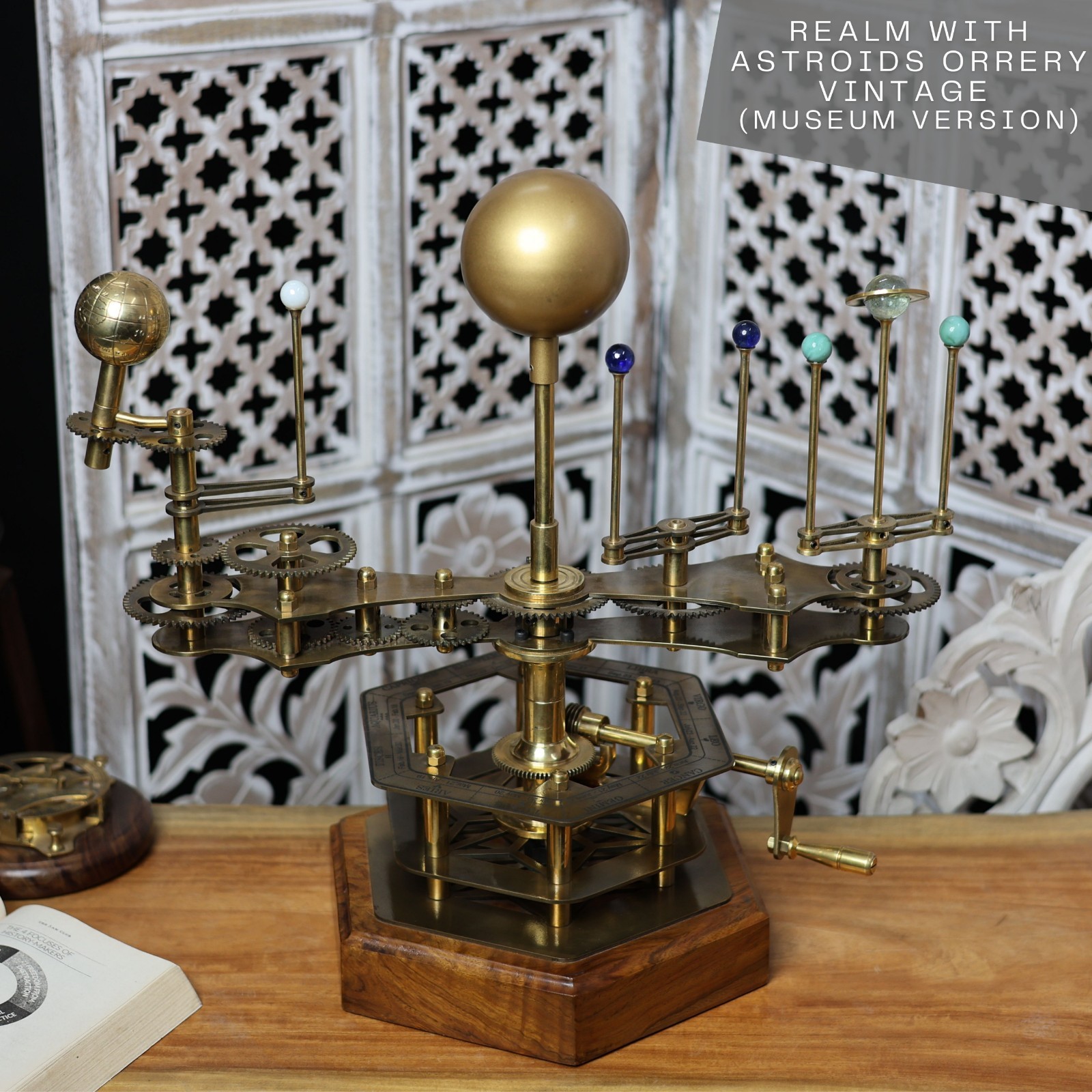 Handcrafted Brass Orrery Planetary Model – Rosewood Base, Working Gears