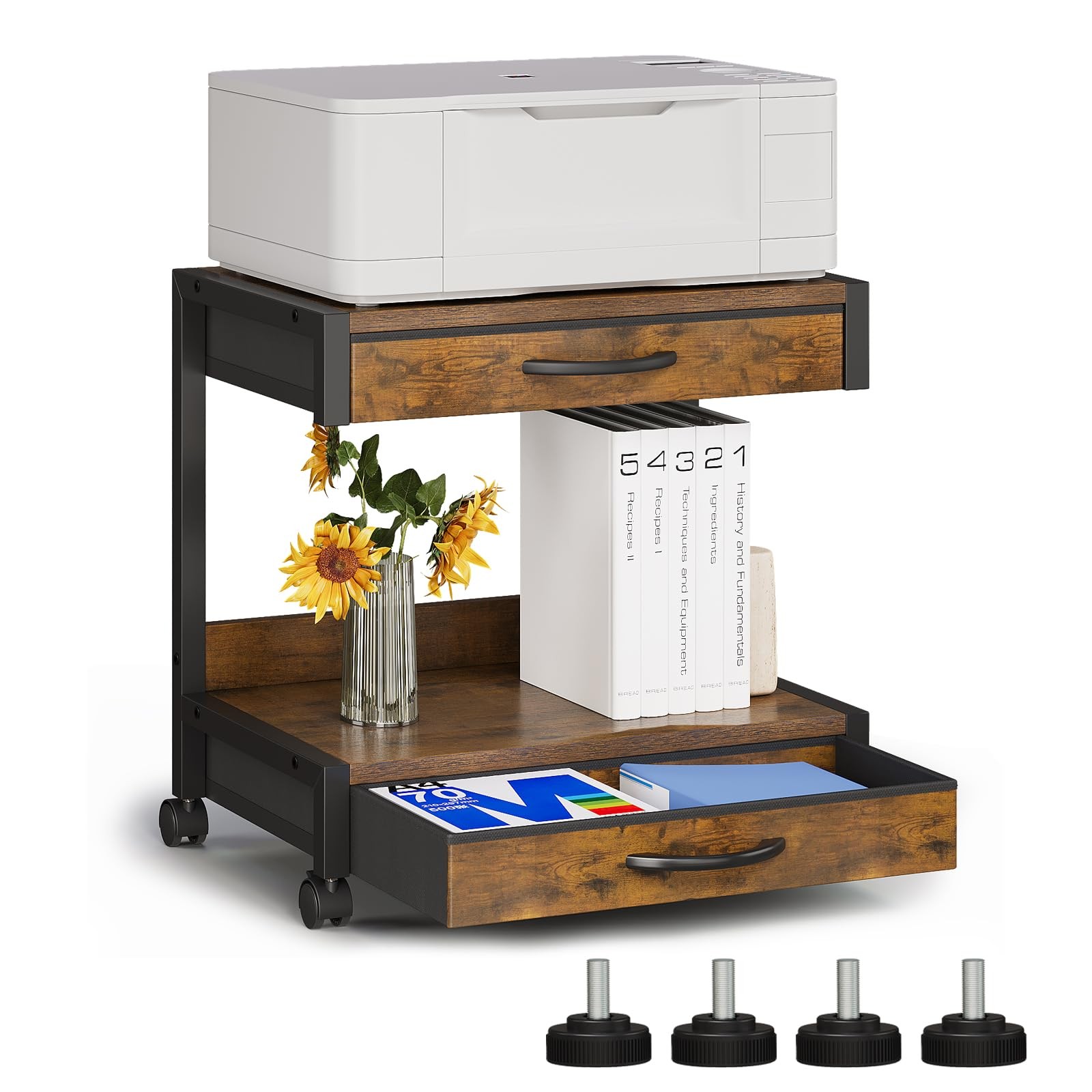2-Tier Desktop Printer Stand with 2 Fabric Drawers, Prtiner Table with Storag...