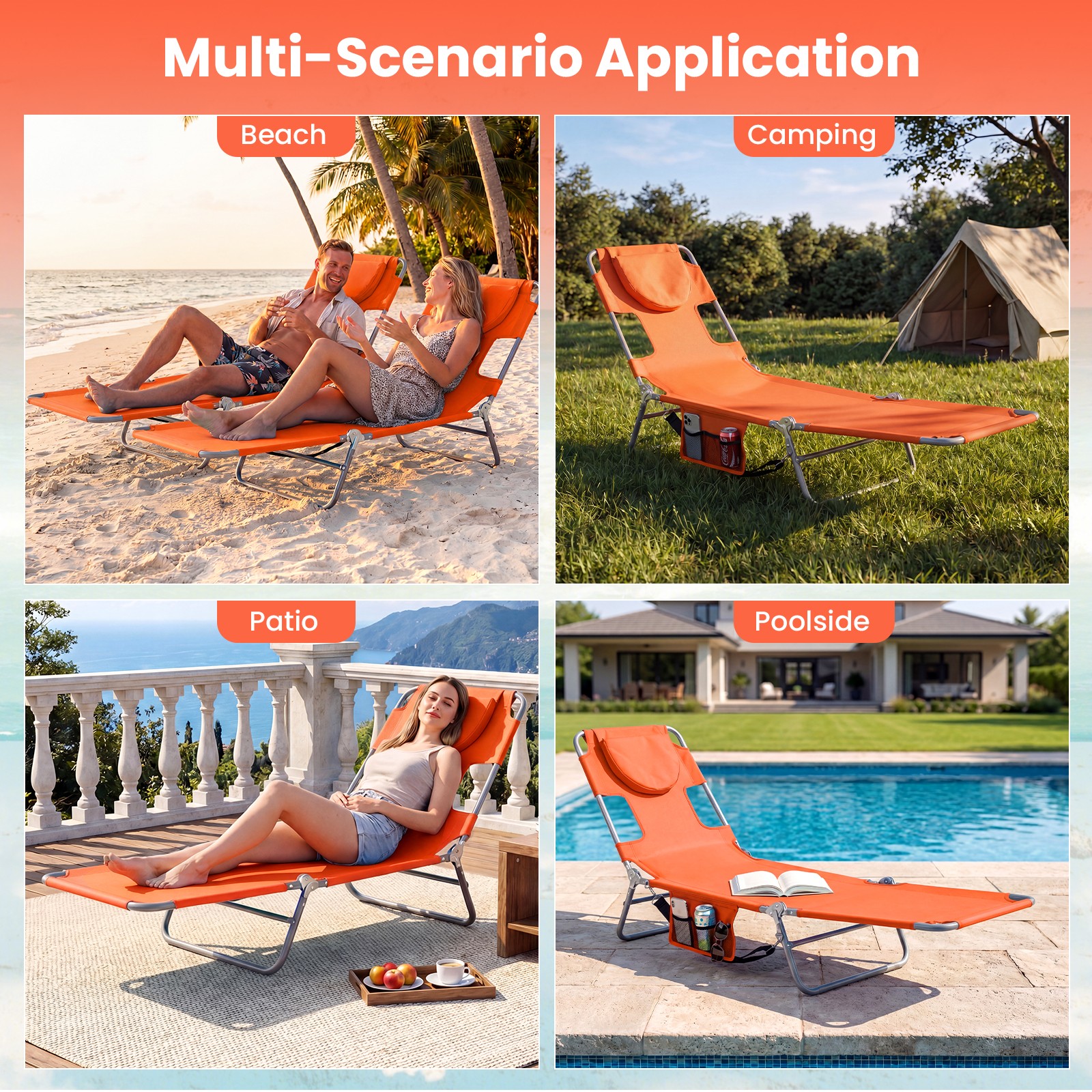2PCS Tanning Chair,Folding Beach Lounge Chair w/5-Position Adjustable Backrest