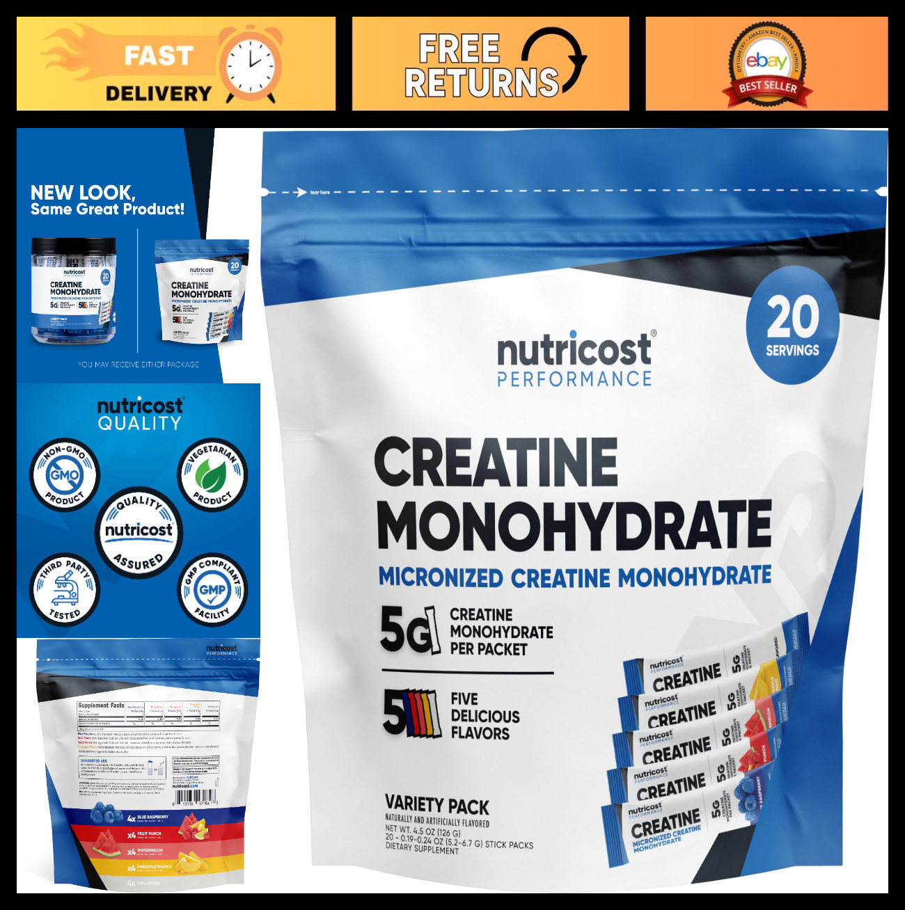 Creatine Monohydrate Powder Stickpacks - 20 Servings, 5 Flavors, Micronized, 5g