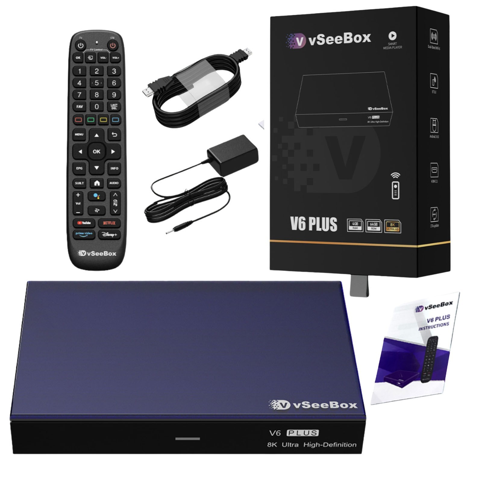 V6 Plus TV Box with Android 14, 4GB RAM 64GB Storage, Backlit Bluetooth Remote