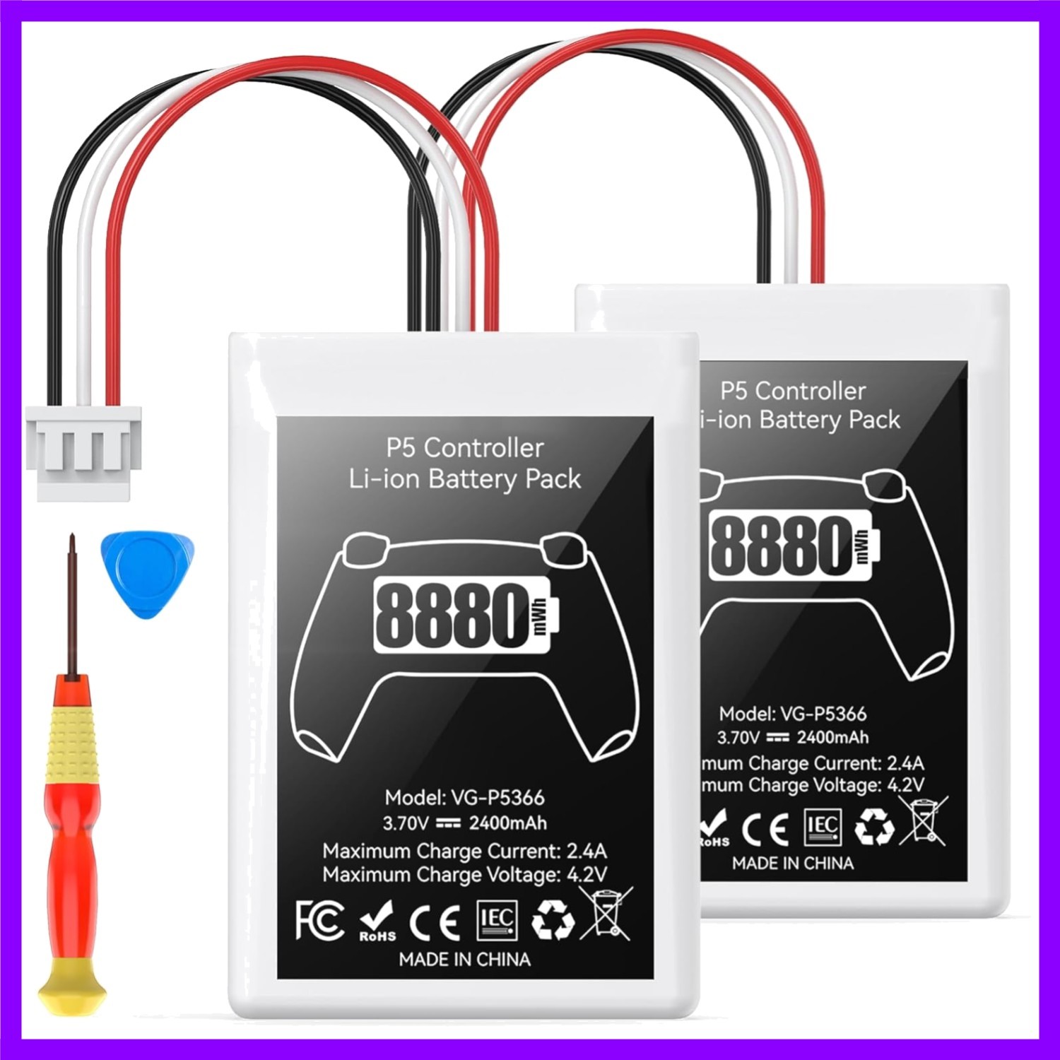2 Pack PS5 Controller Battery Replacement 8880mWh High Capacity Rechargeable